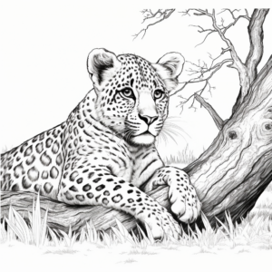 Relaxing Cheetah: Resting Under Tree Coloring Pages 1