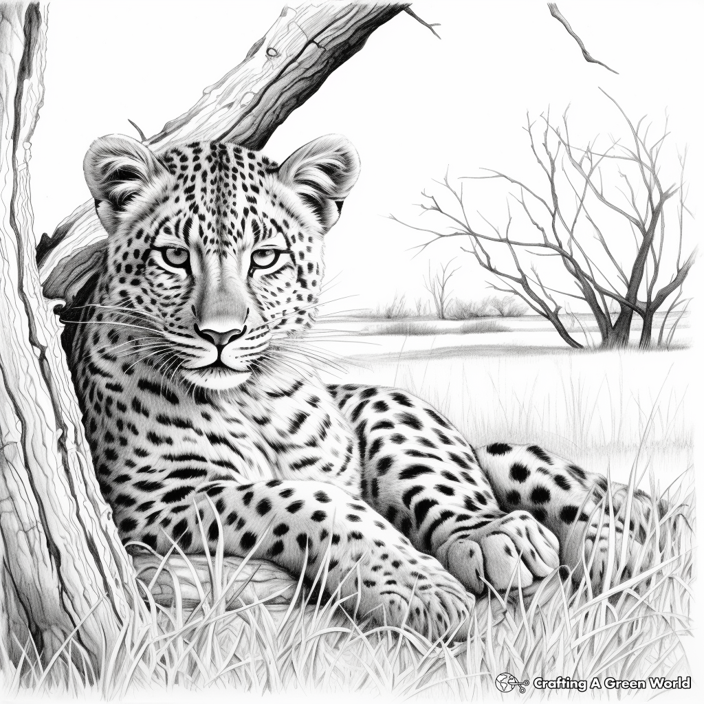 Relaxing Cheetah: Resting Under Tree Coloring Pages 2