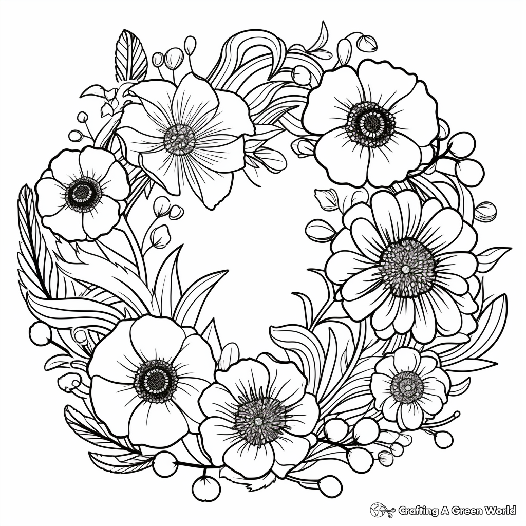 Relaxing Poppy Flower Wreath Coloring Pages for Stress Relief 1