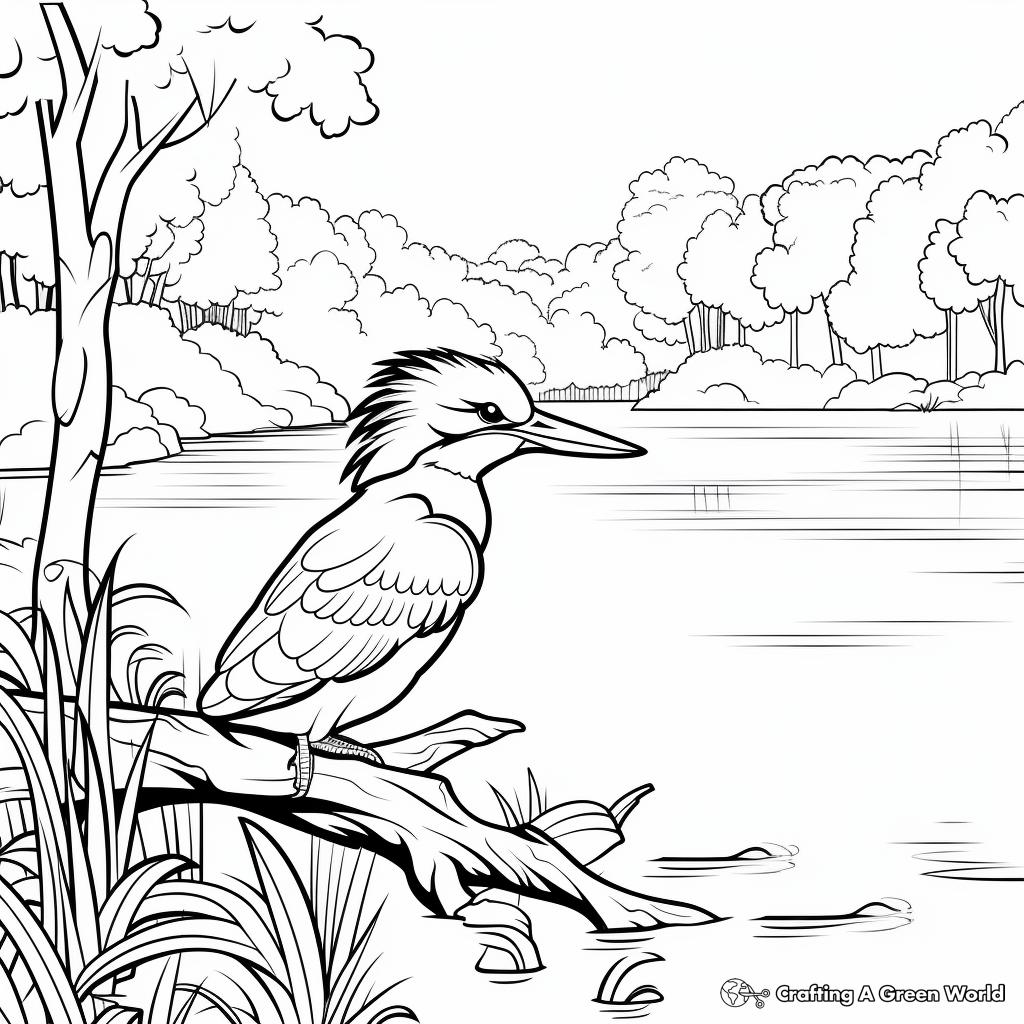 River Scene with Kingfisher Coloring Page 1