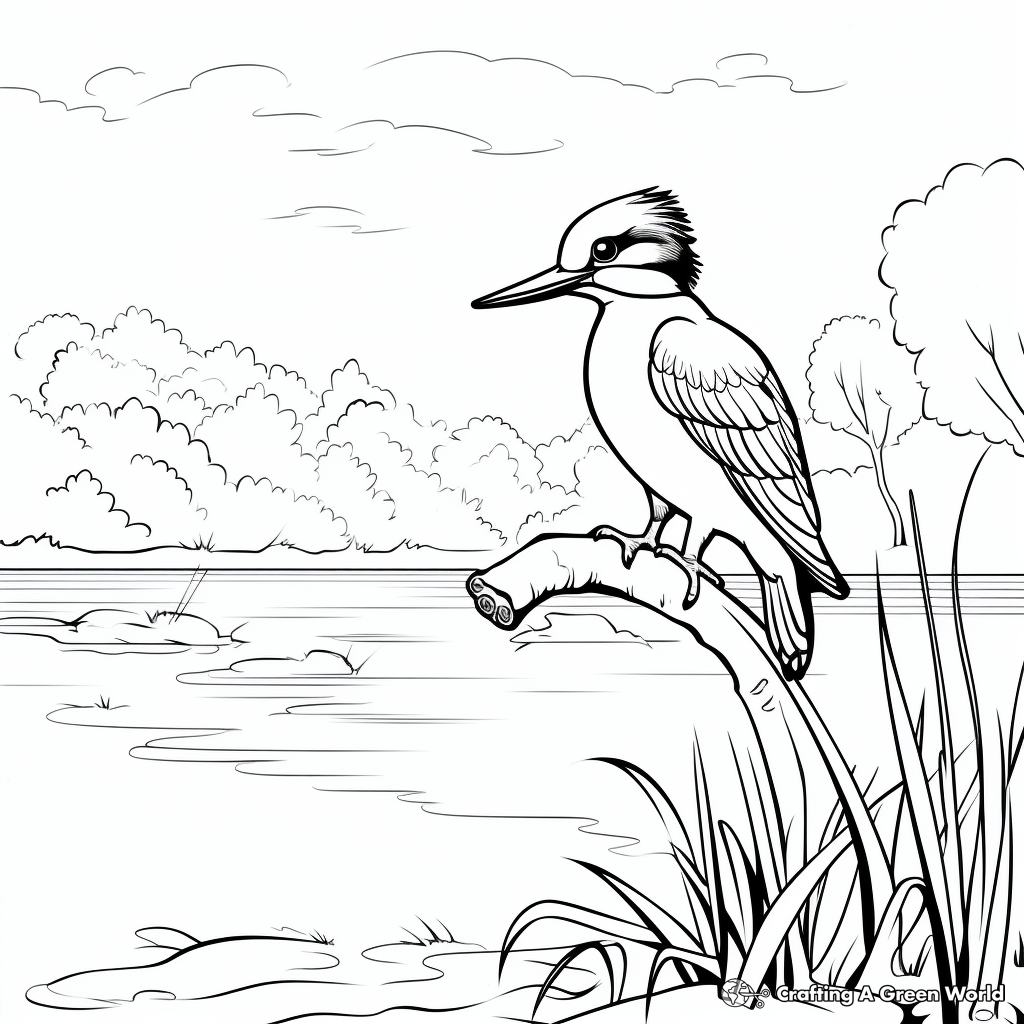 River Scene with Kingfisher Coloring Page 3