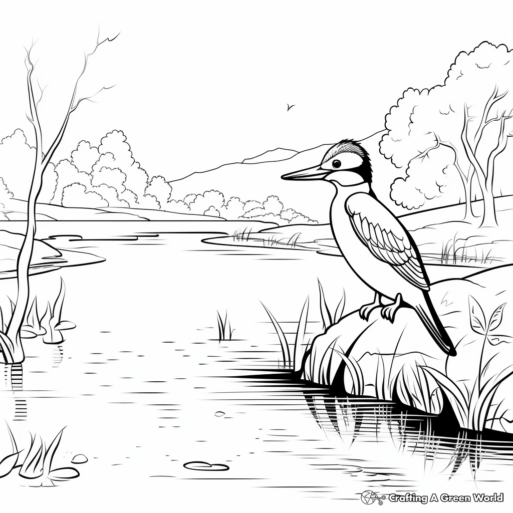 River Scene with Kingfisher Coloring Page 4