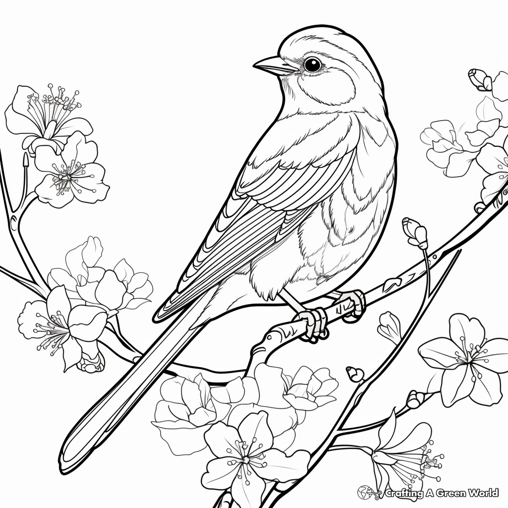 Robin and Cherry Blossom Coloring Pages 1