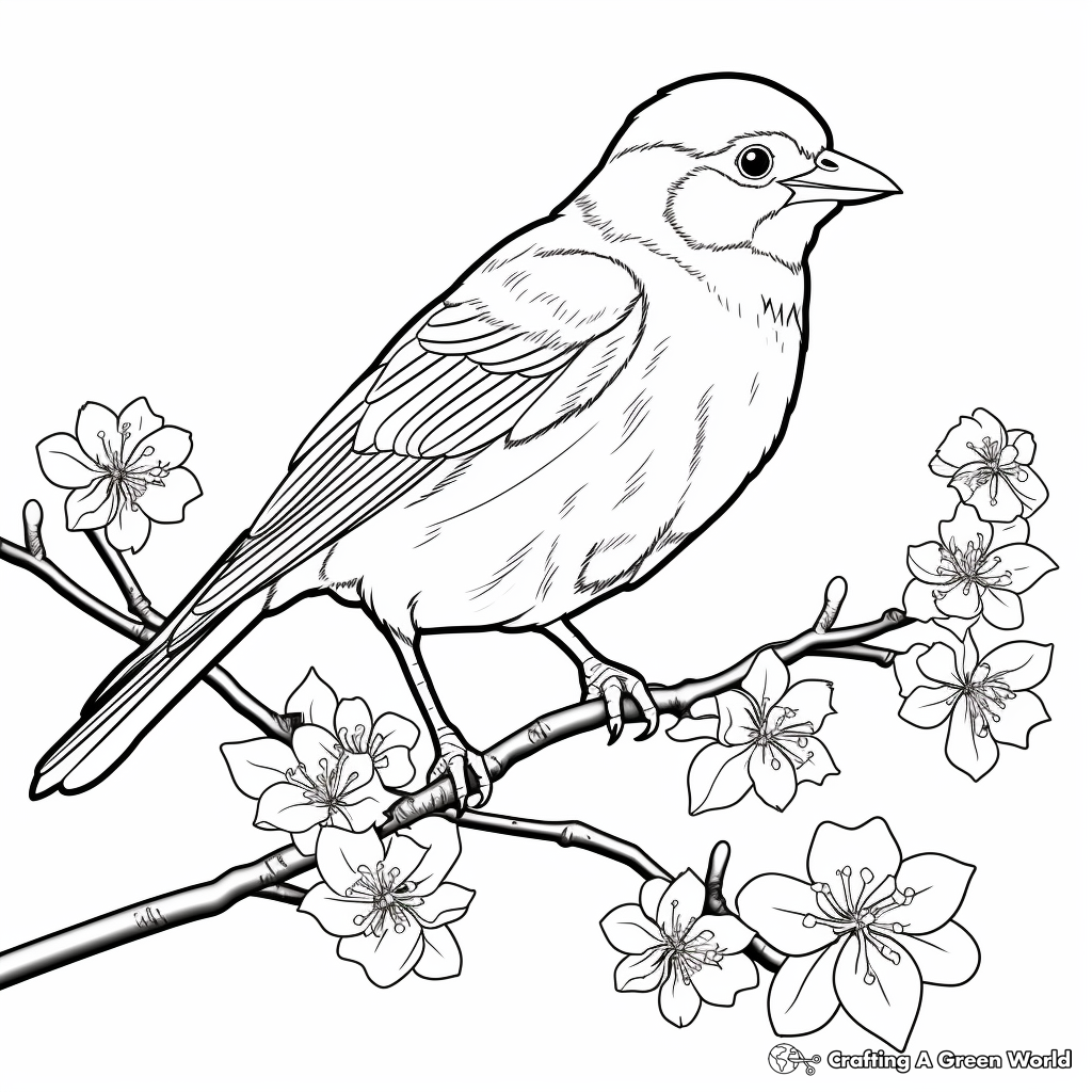 Robin and Cherry Blossom Coloring Pages 2