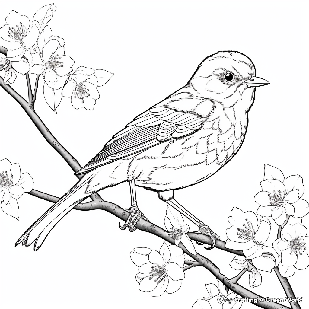 Robin and Cherry Blossom Coloring Pages 4