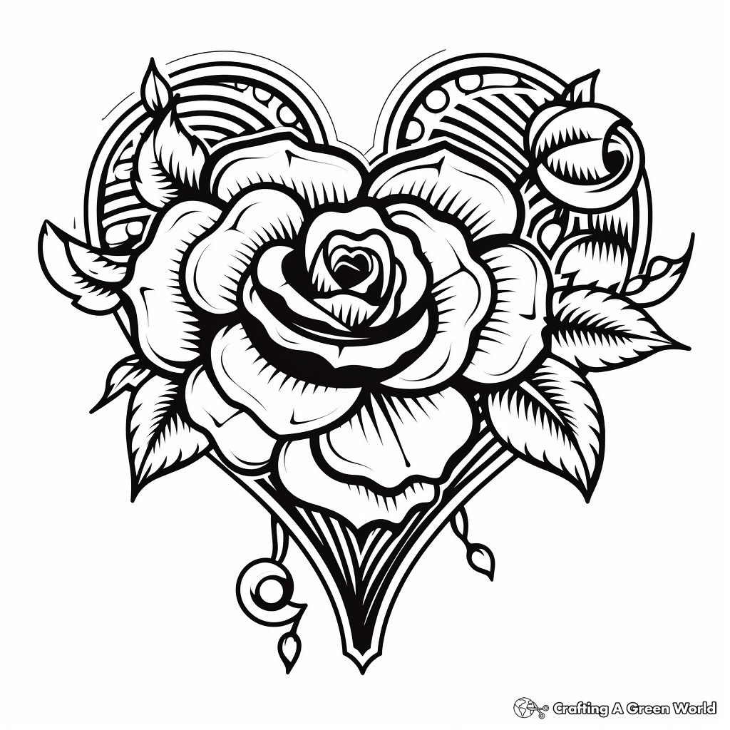 Romantic Heart and Rose Tattoo Coloring Pages 1
