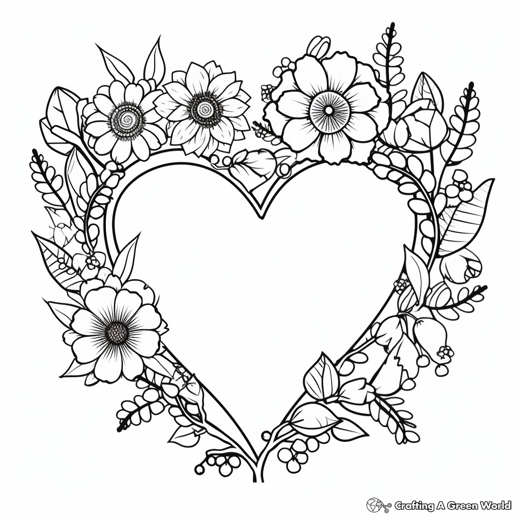Romantic Heart-shaped Flower Wreath Coloring Pages 3