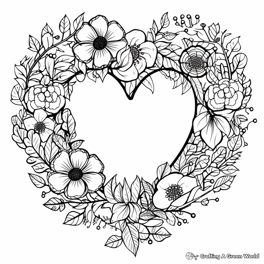 Romantic Heart-shaped Flower Wreath Coloring Pages 4