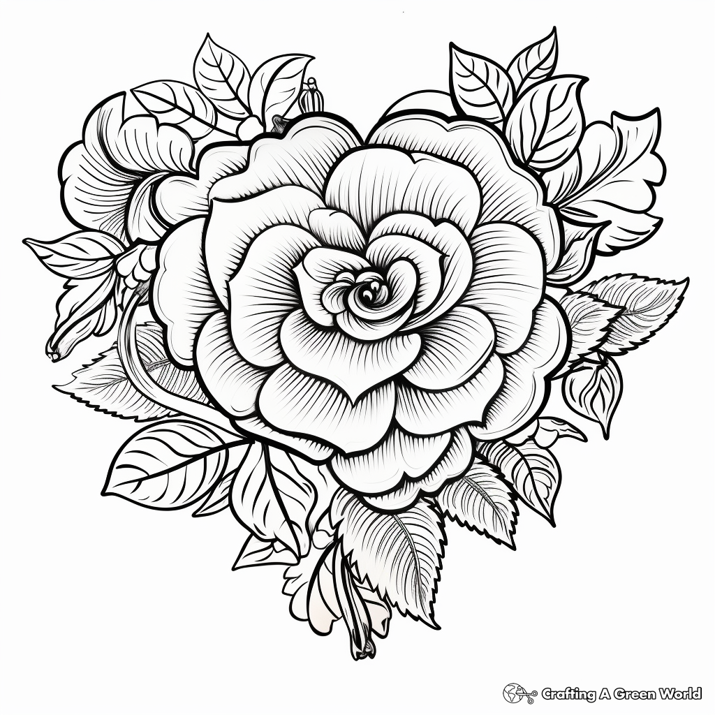 Romantic Rose Heart Coloring Pages 1