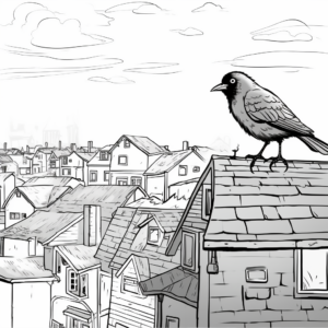 Rooftop Crow Scene Coloring Pages 1
