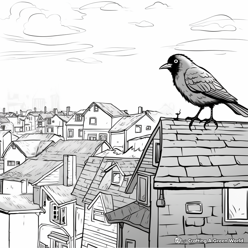 Rooftop Crow Scene Coloring Pages 1
