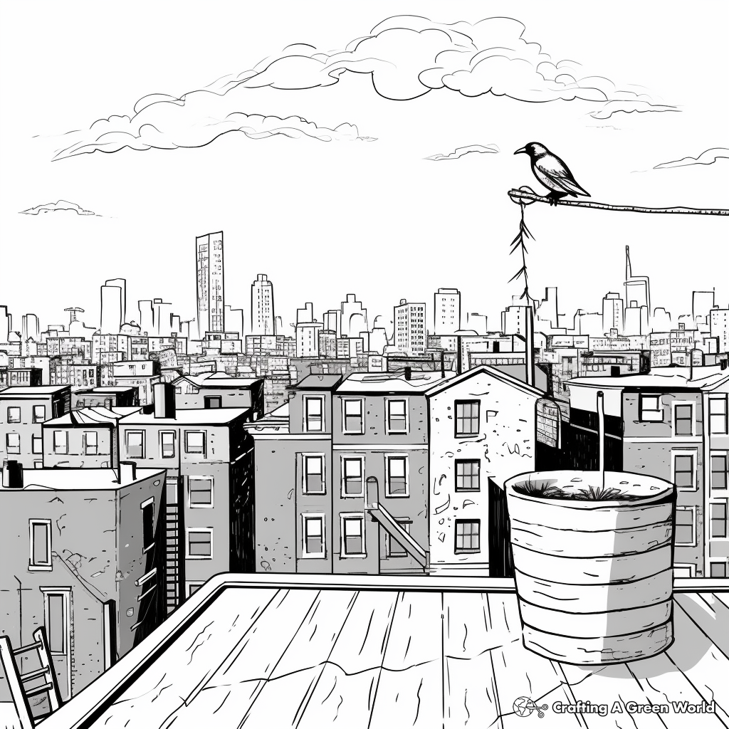 Rooftop Crow Scene Coloring Pages 2