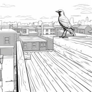 Rooftop Crow Scene Coloring Pages 3