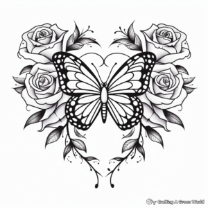 Rose Heart and Butterfly Coloring Pages 1