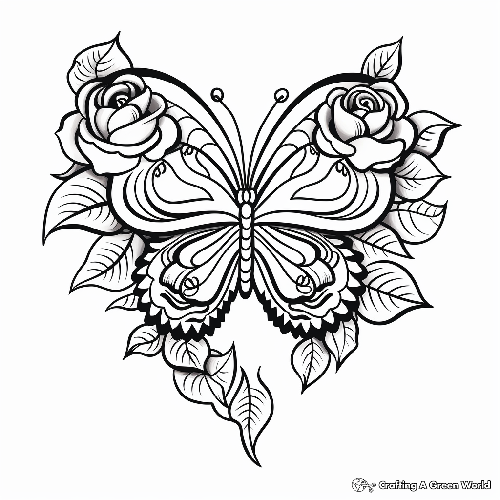 Rose Heart and Butterfly Coloring Pages 2