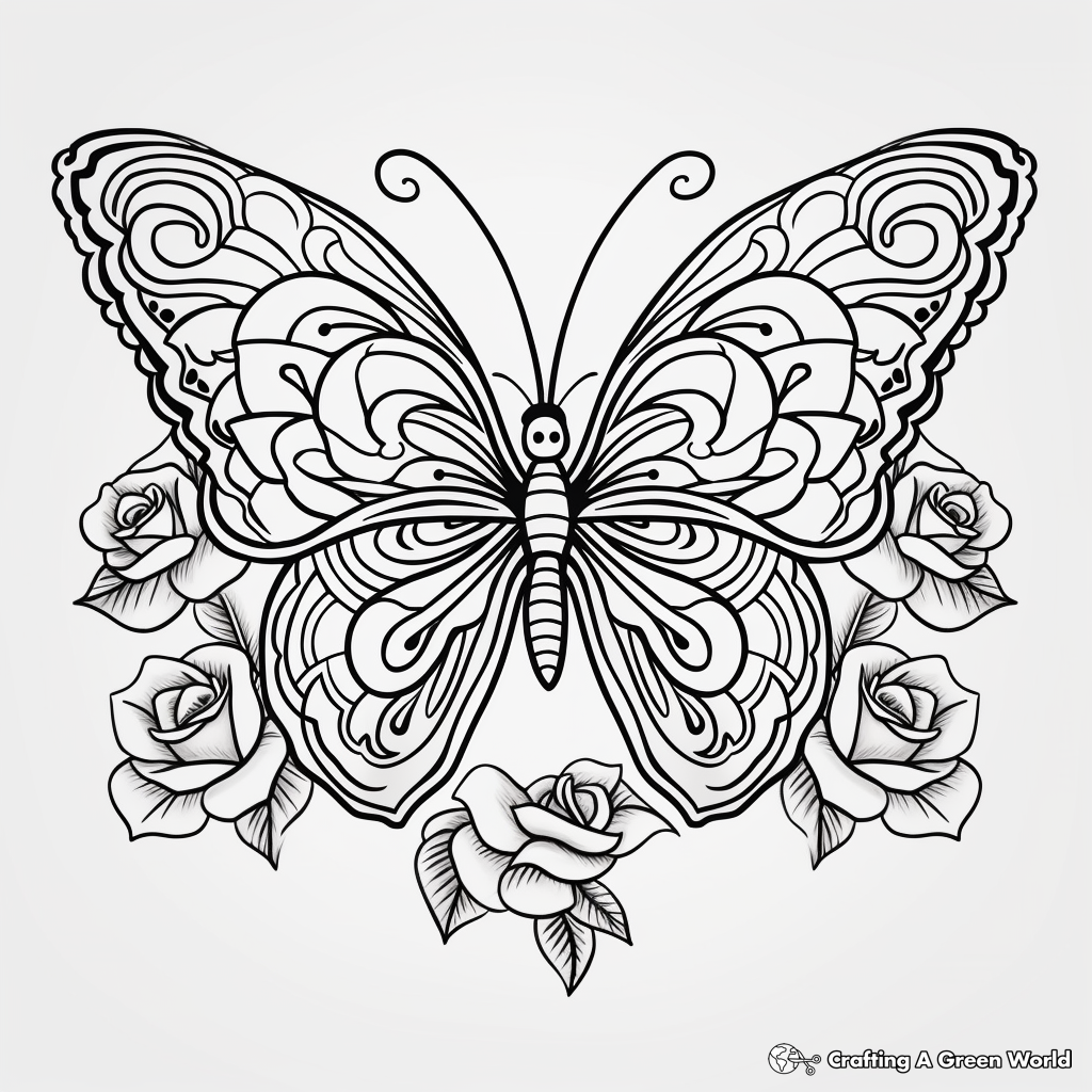 Rose Heart and Butterfly Coloring Pages 3