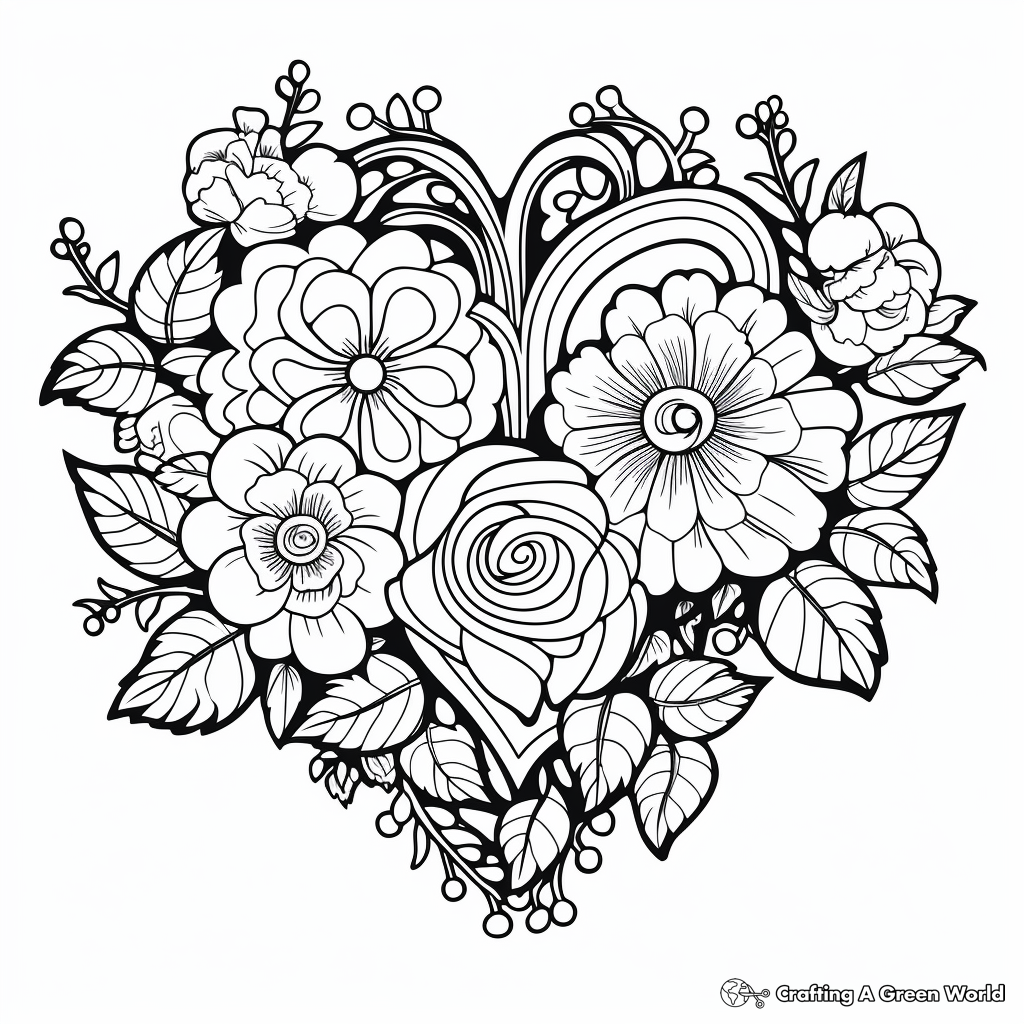 Rose Heart Bouquet Coloring Pages 4