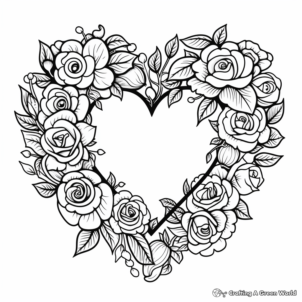 Rose Heart Wreath Coloring Pages 1