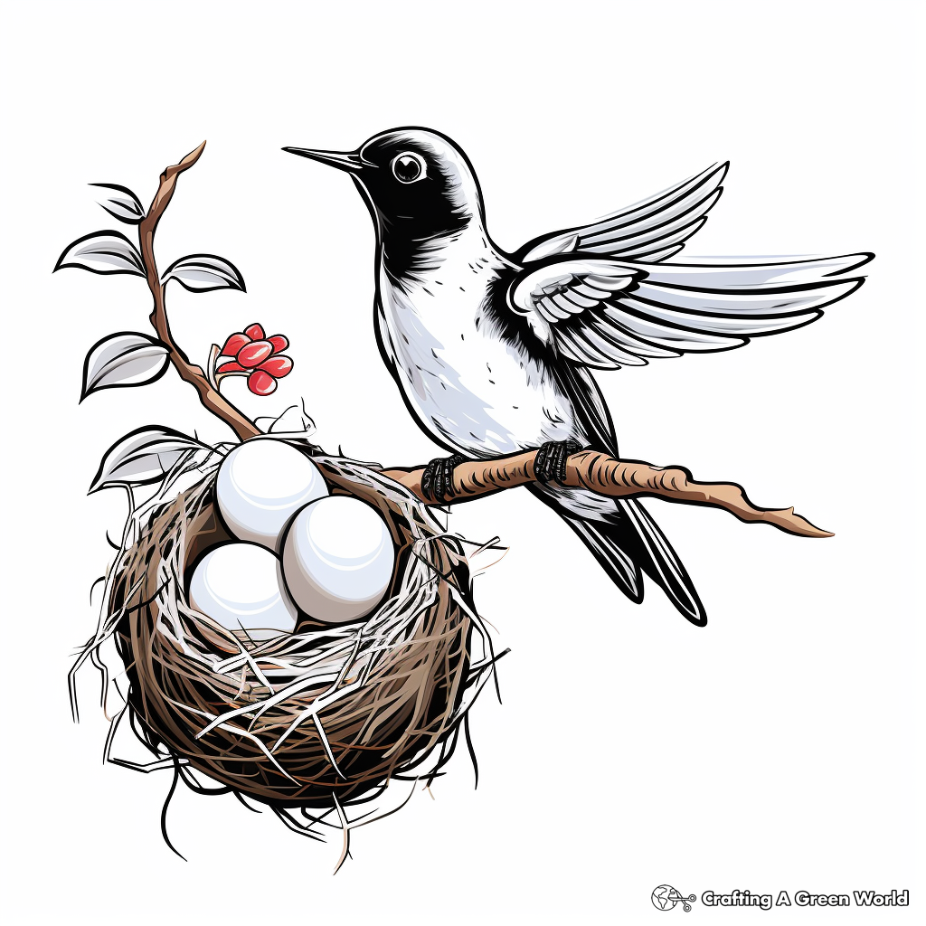 Ruby Throated Hummingbird Nest and Eggs Coloring Pages 1