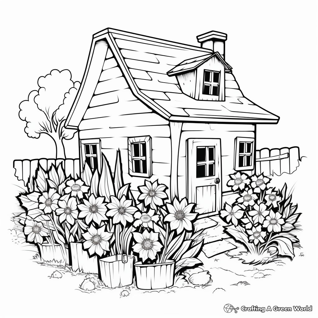 Rustic Cottage Garden Coloring Pages for Adults 1