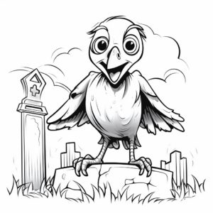 Scary Raven on Graveyard Scene Coloring Pages 1