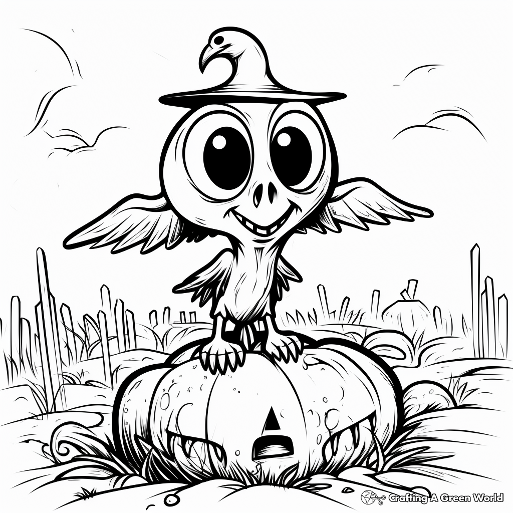 Scary Raven on Graveyard Scene Coloring Pages 2