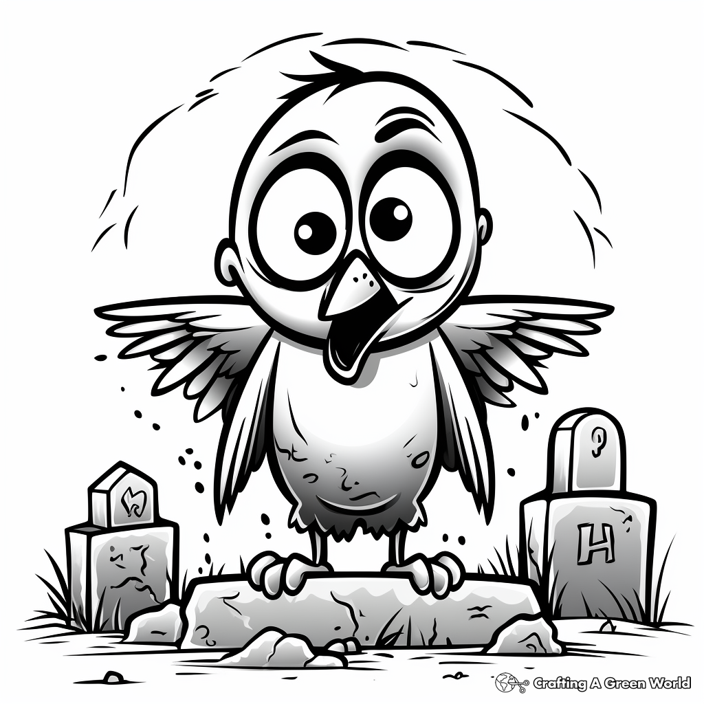 Scary Raven on Graveyard Scene Coloring Pages 3