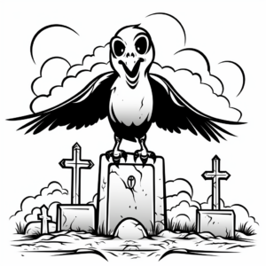 Scary Raven on Graveyard Scene Coloring Pages 4