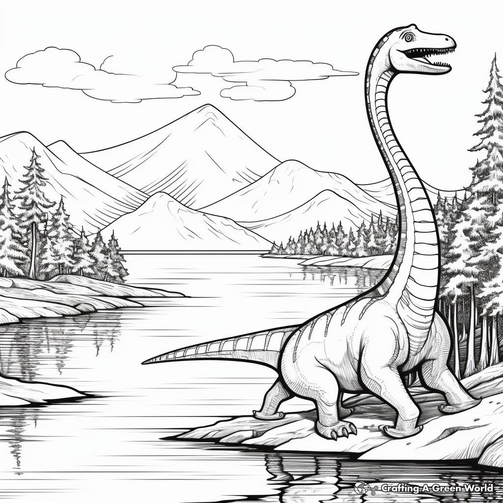 Scenic Diplodocus Near a Lake Coloring Pages 1
