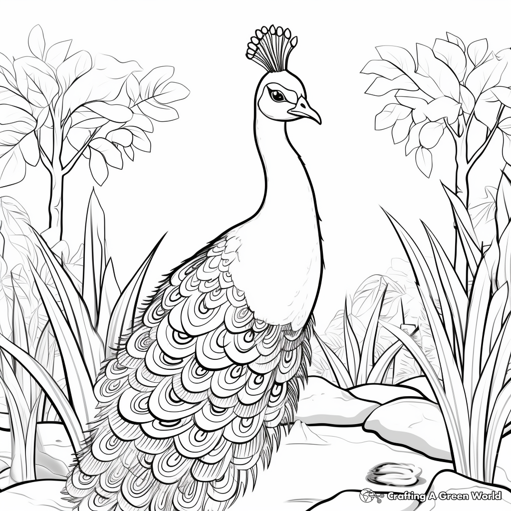 Scenic Garden Peacock Coloring Pages 1