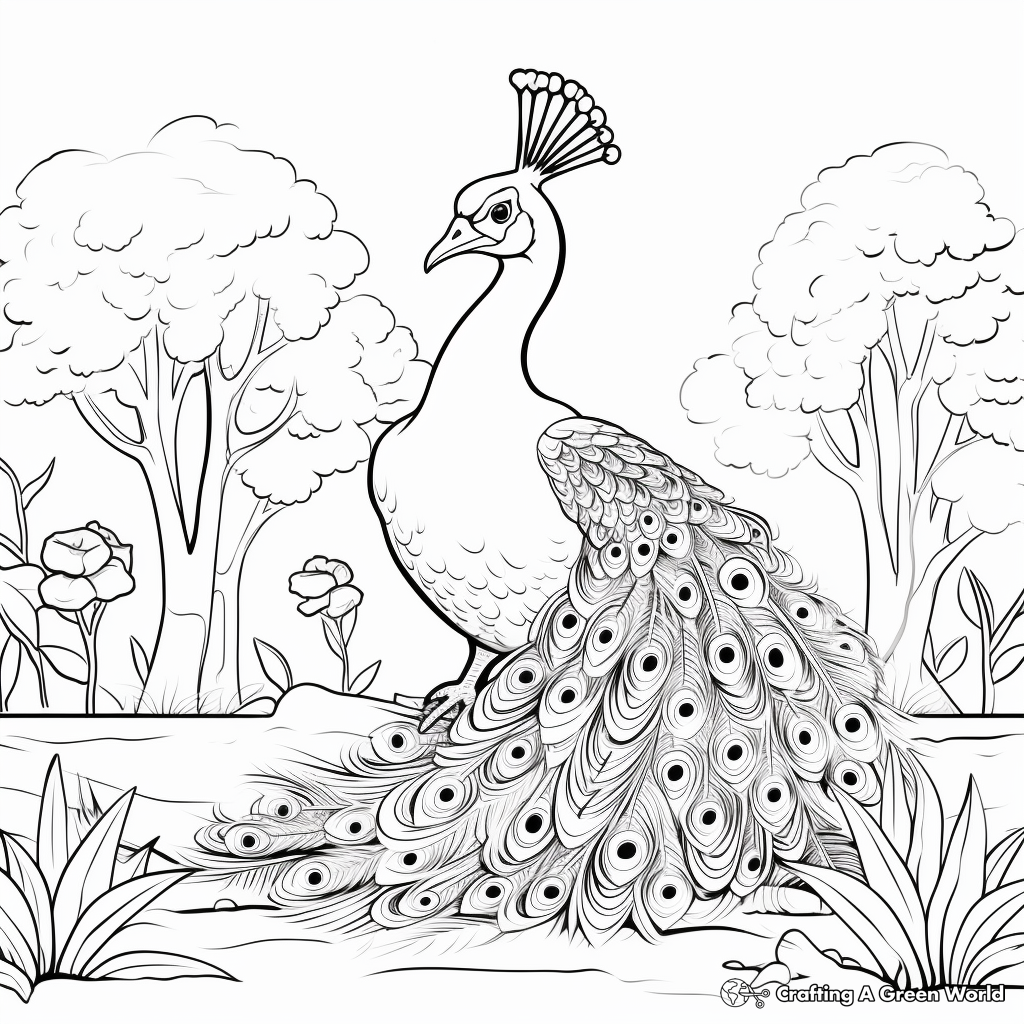 Scenic Garden Peacock Coloring Pages 4