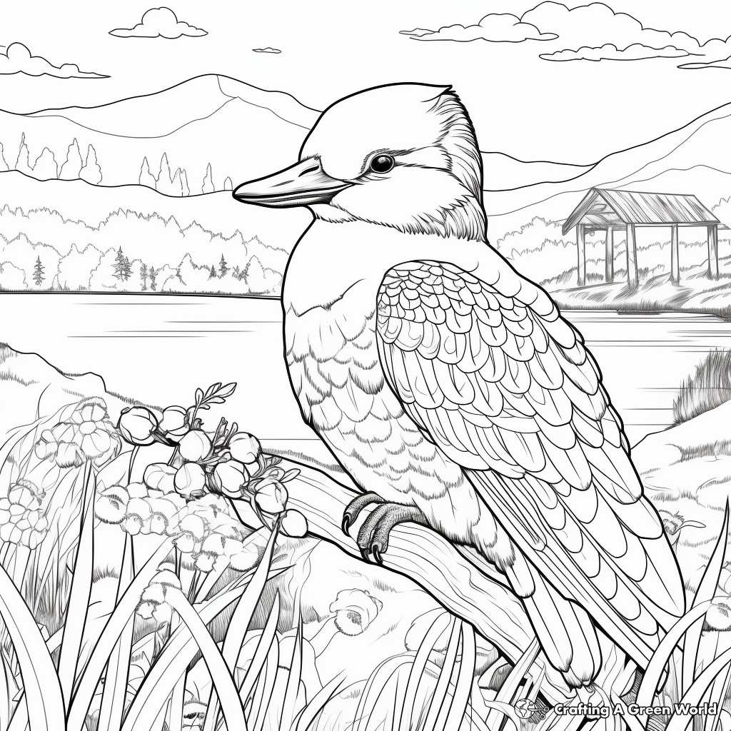 Scenic Kookaburra in Landscape Coloring Pages 1