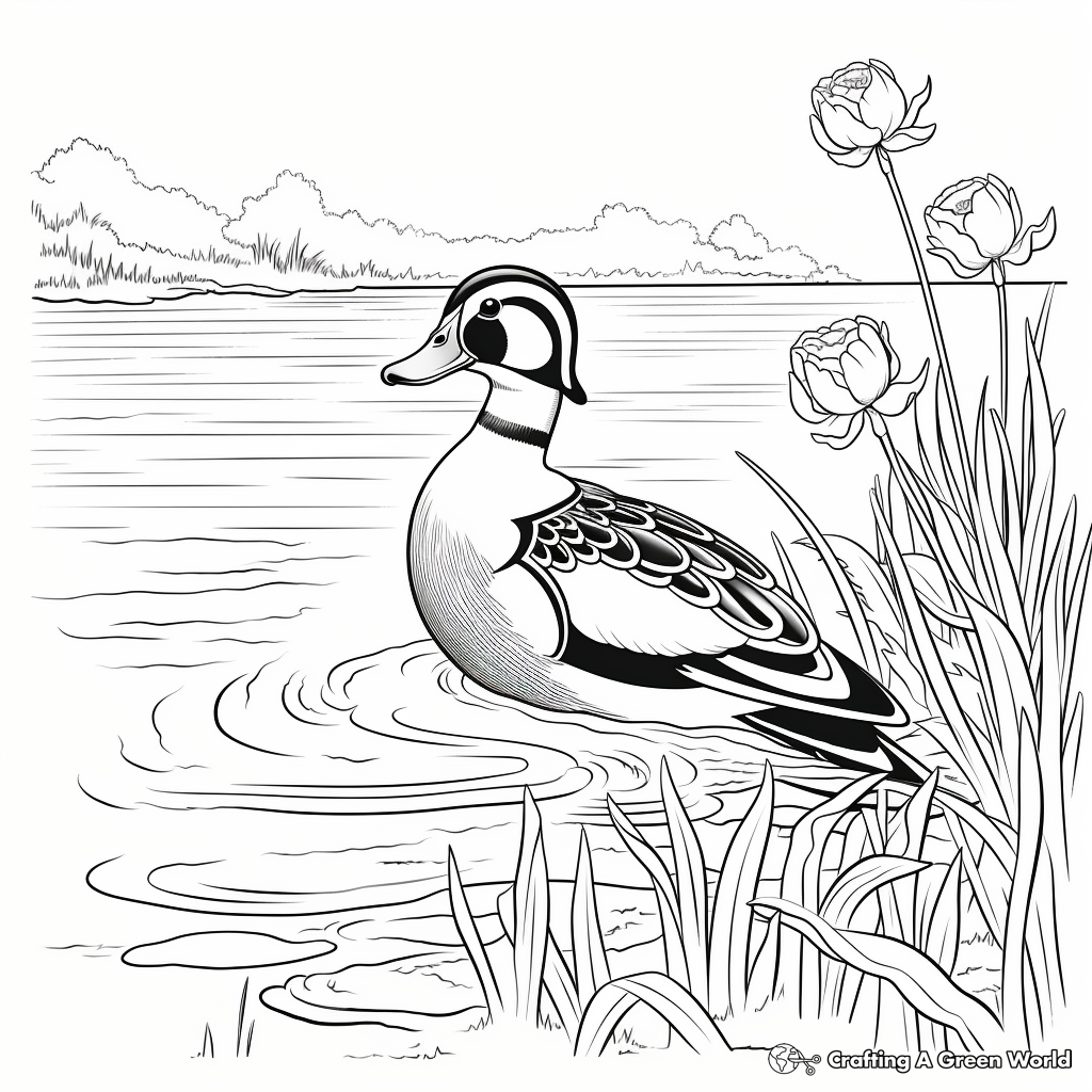 Scenic Lake Setting Wood Duck Coloring Pages 1