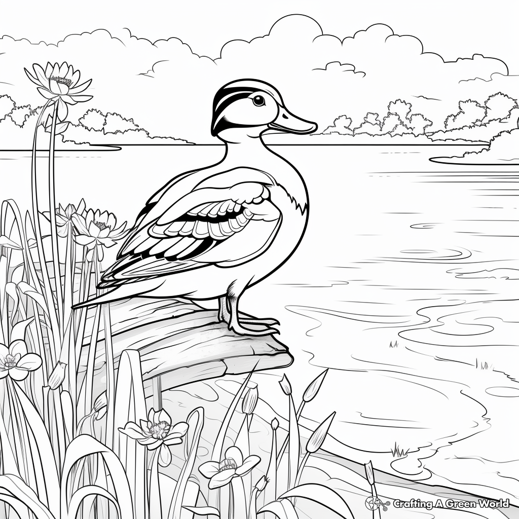 Scenic Lake Setting Wood Duck Coloring Pages 2