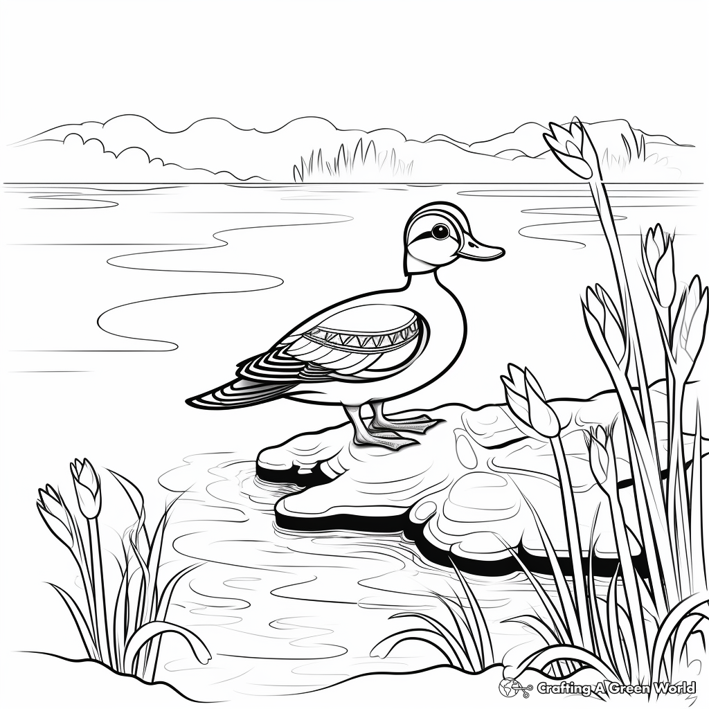 Scenic Lake Setting Wood Duck Coloring Pages 3