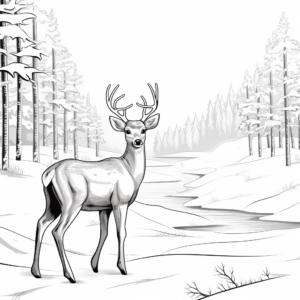 Scenic White Tailed Deer in Winter Coloring Page 1