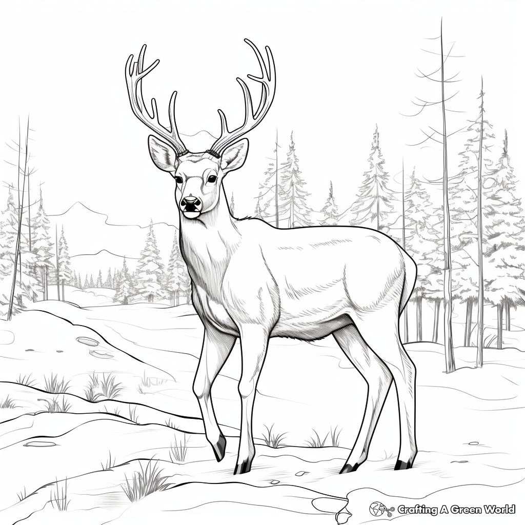 Scenic White Tailed Deer in Winter Coloring Page 2