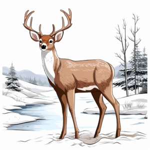 Scenic White Tailed Deer in Winter Coloring Page 3