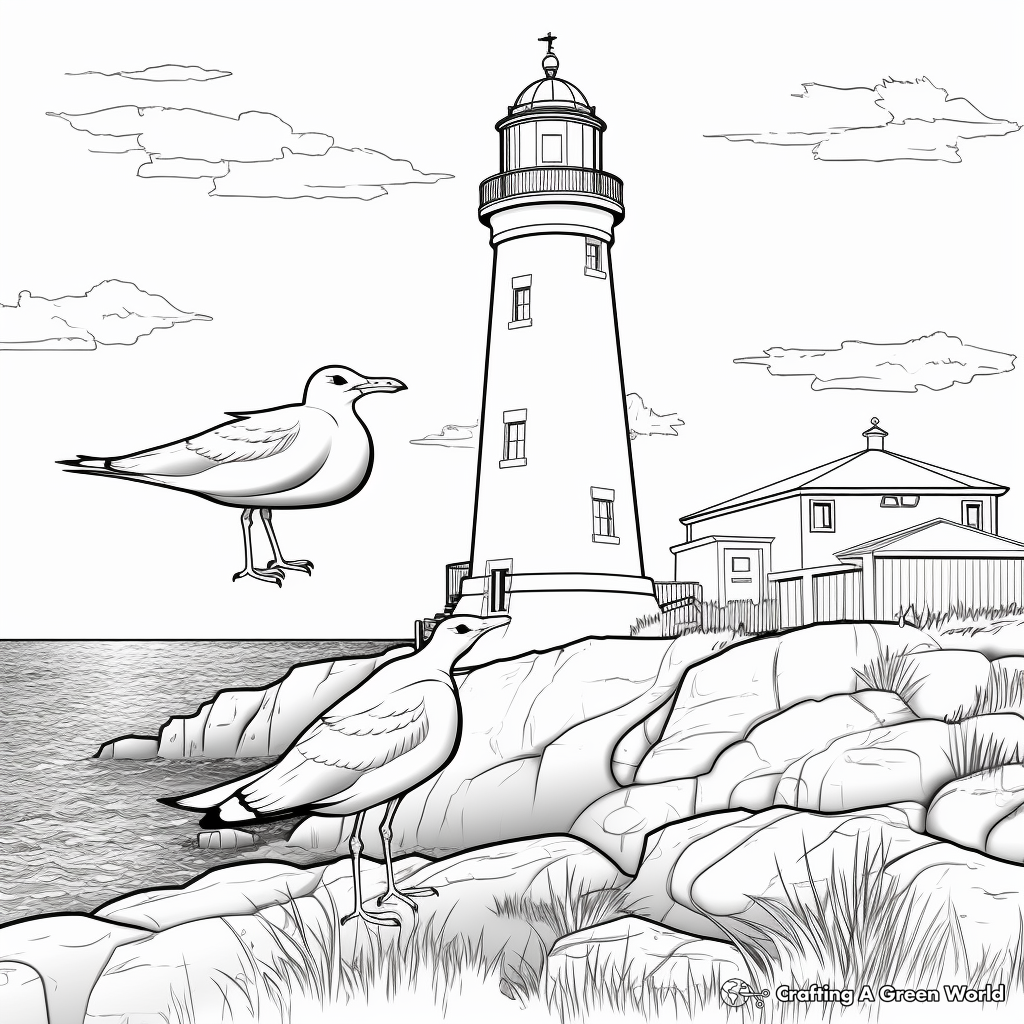 Seagull and Lighthouse Scene Coloring Pages 1