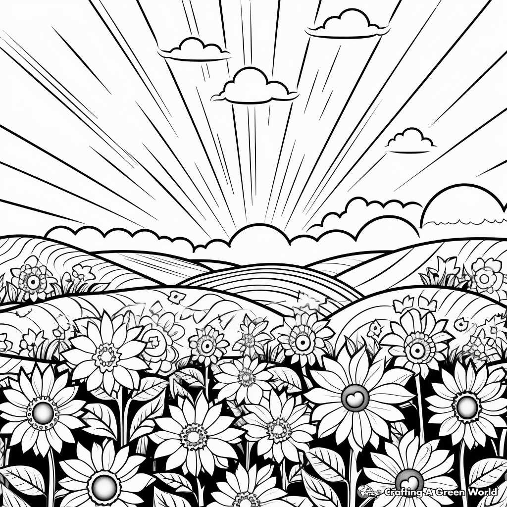 Seasonal Rainbow over Spring Flower Field Coloring Pages 2