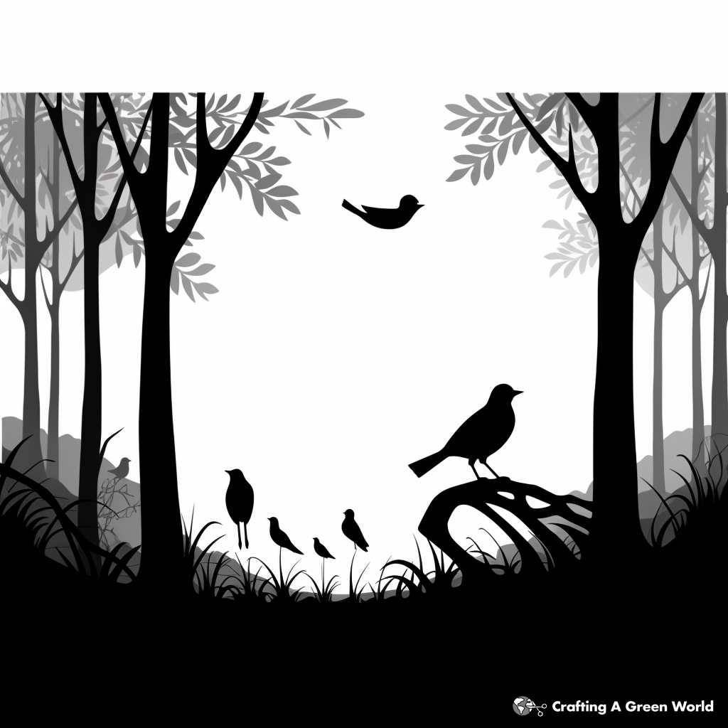 Shadow Birds in a Forest Coloring Pages 1