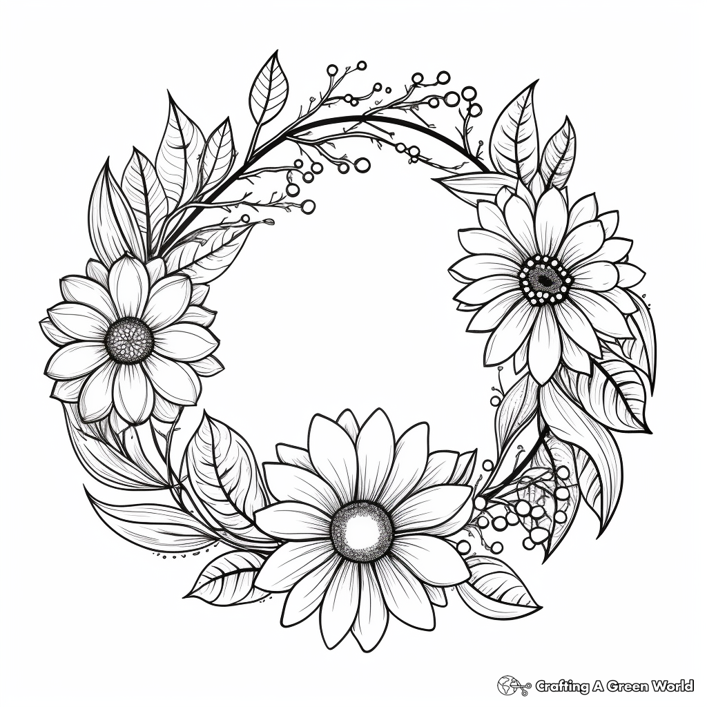 Simple Sunflower Wreath Coloring Pages for Beginners 3