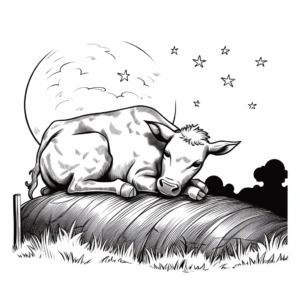 Sleeping Calf: Night-Time Scene Coloring Page 1