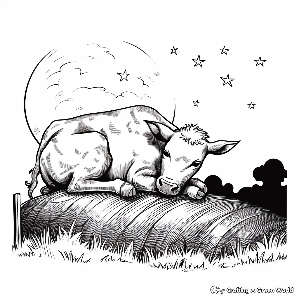 Sleeping Calf: Night-Time Scene Coloring Page 1