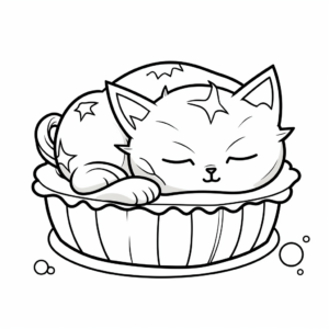 Sleeping Cat on a Cupcake Coloring Pages 2