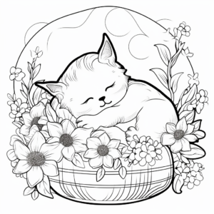 Sleeping Kitty and Lilac Flower Coloring Pages 1