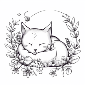 Sleeping Kitty and Lilac Flower Coloring Pages 2