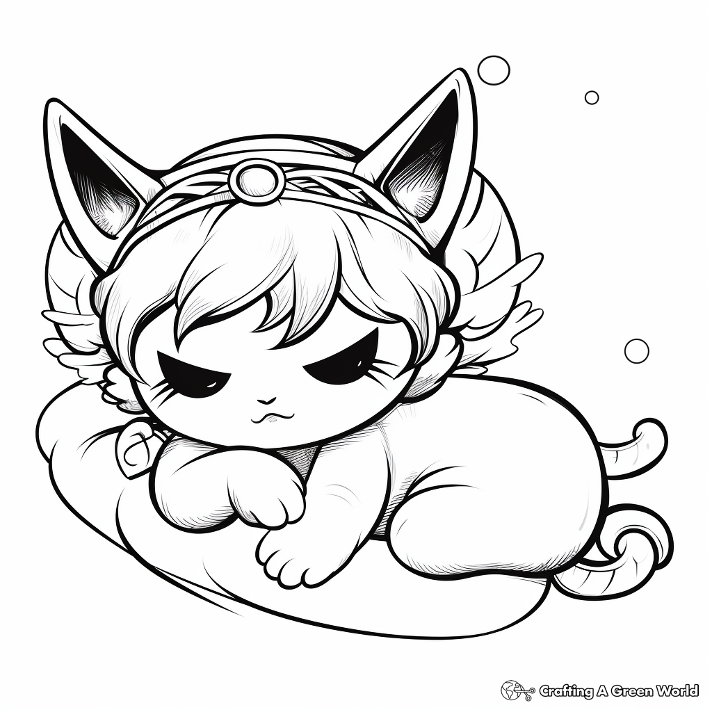 Sleeping Kitty Fairy Coloring Pages for Bedtime 1