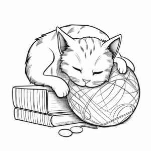 Sleepy Cat and Yarn Ball Coloring Pages 1