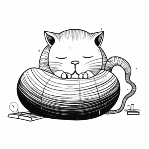Sleepy Cat and Yarn Ball Coloring Pages 2